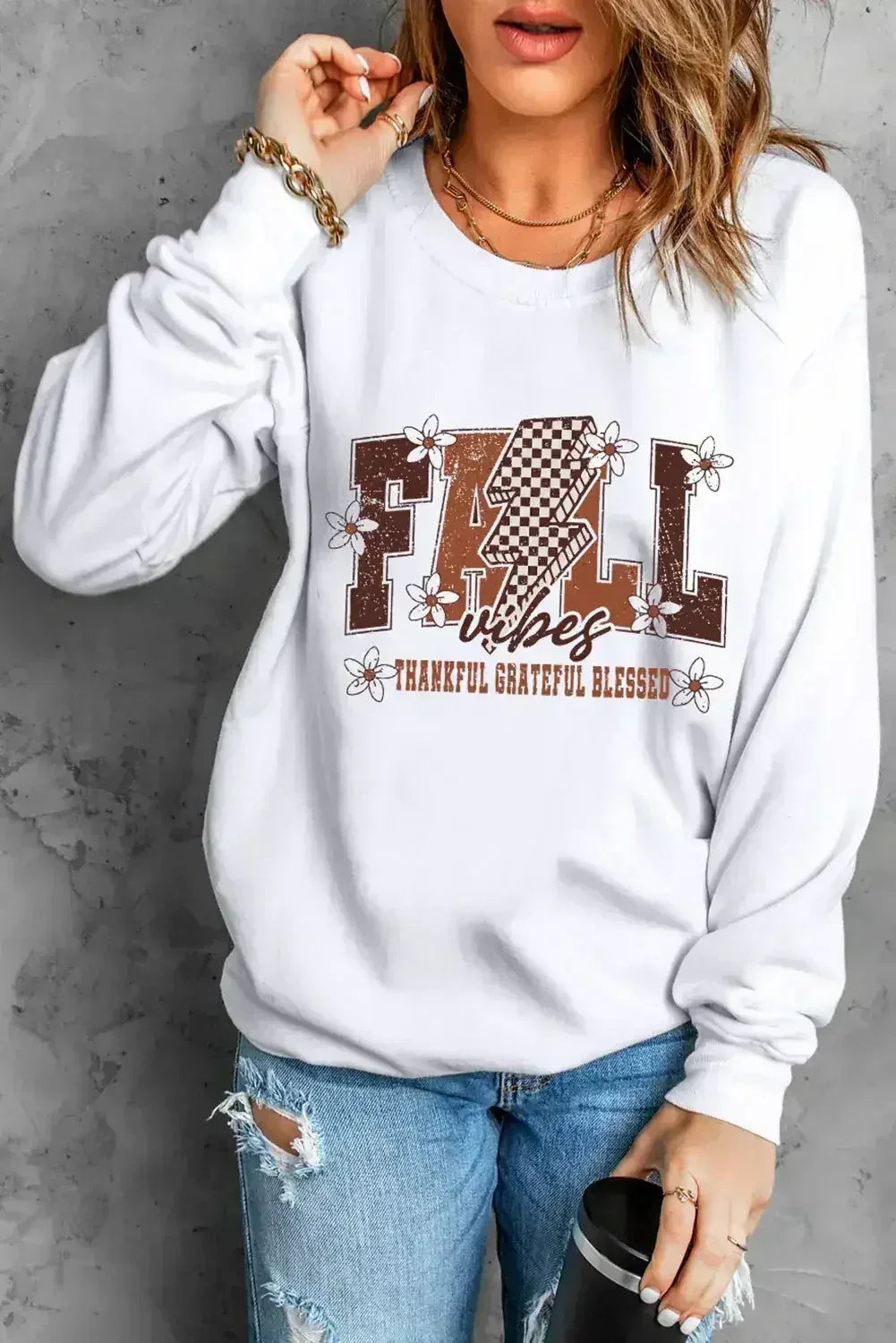 White FALL THANKFUL GRATEFUL BLESSED Graphic Drop Shoulder Sweatshirt - Femstylo