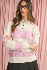 Pink Colorblock Button Collar Twisted Cable Knit Sweater - Femstylo