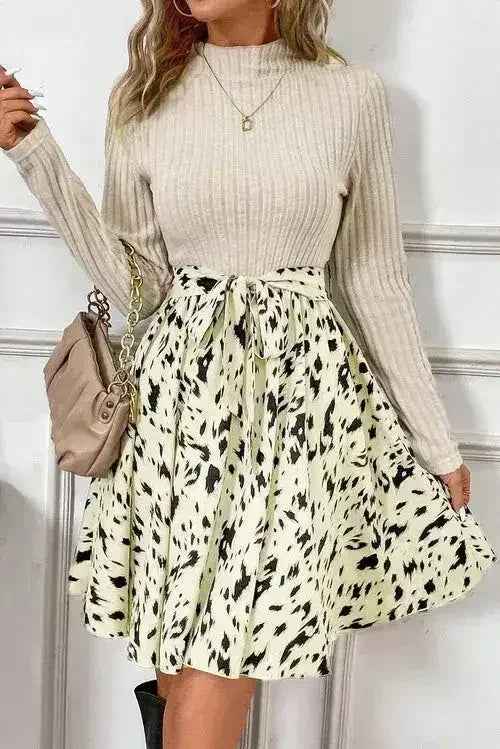 Beige Ribbed Knit Belted A-line Dress with Patchwork Print - Femstylo