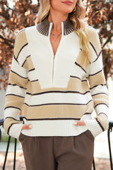 Khaki Striped Colorblock Zip Neck Knit Sweater