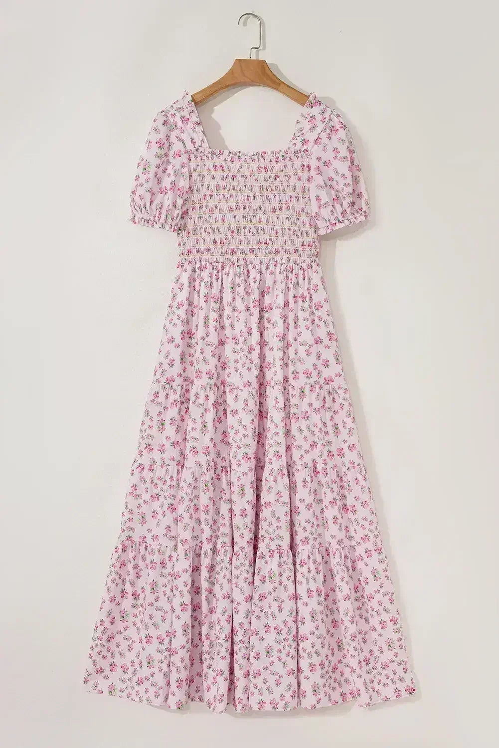 White Frill Neckline Shirred Bodice Floral Maxi Dress - Femstylo