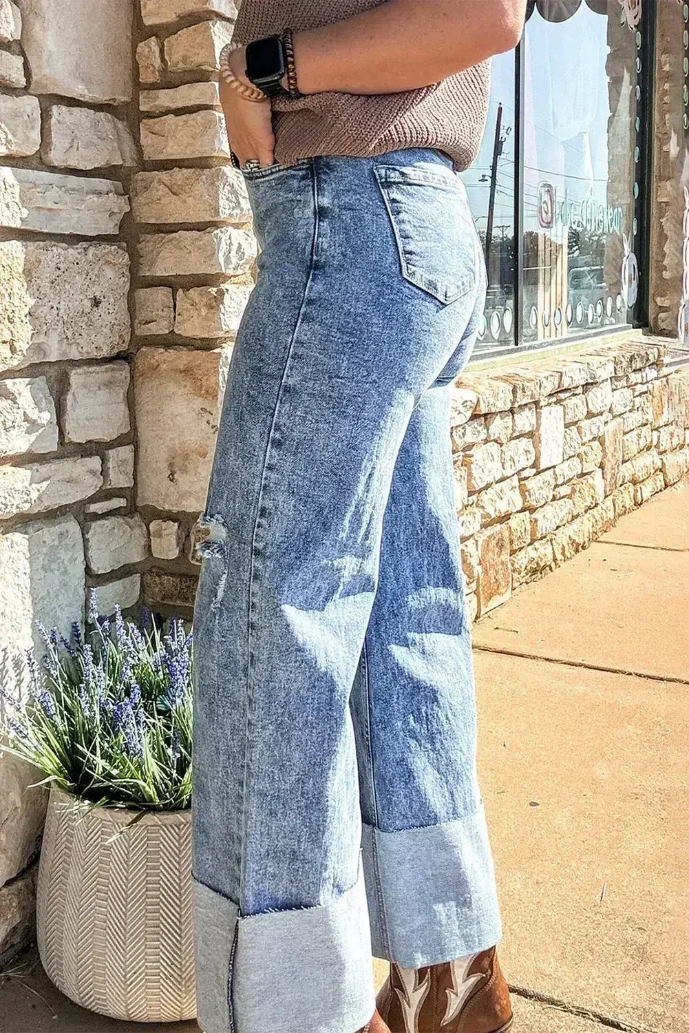 Ashleigh Blue Mineral Wash Distressed Wide Leg Jeans - Femstylo