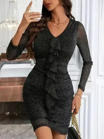 Metallic Ruffled V-Neck Long Sleeve Mini Dress - Femstylo