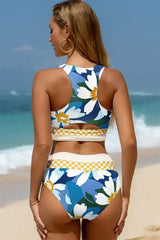 Green Floral Print Racerback High Waist Bikini Swimwear - Femstylo