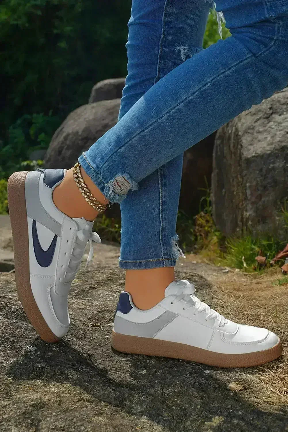 Navy Blue PU Leather Lace Up Sneakers - Femstylo