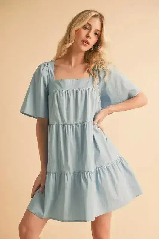 Aemi + Co Square Neck Half Sleeve Tiered Dress - Femstylo