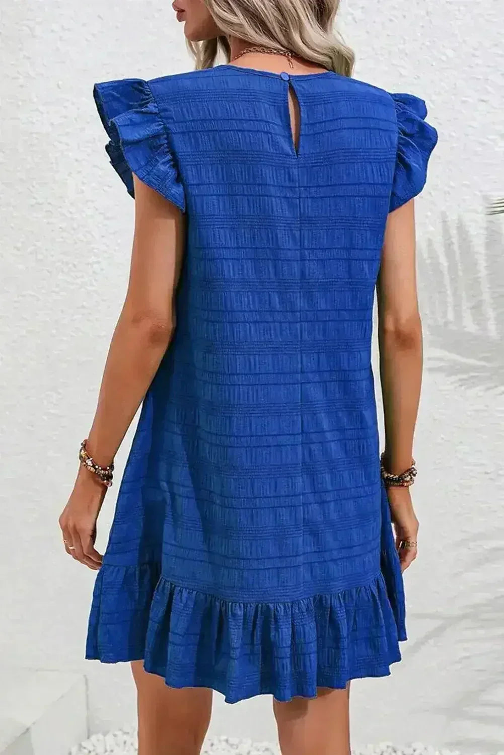 Dark Blue Textured Flutter Sleeve Ruffle Mini Dress - Femstylo