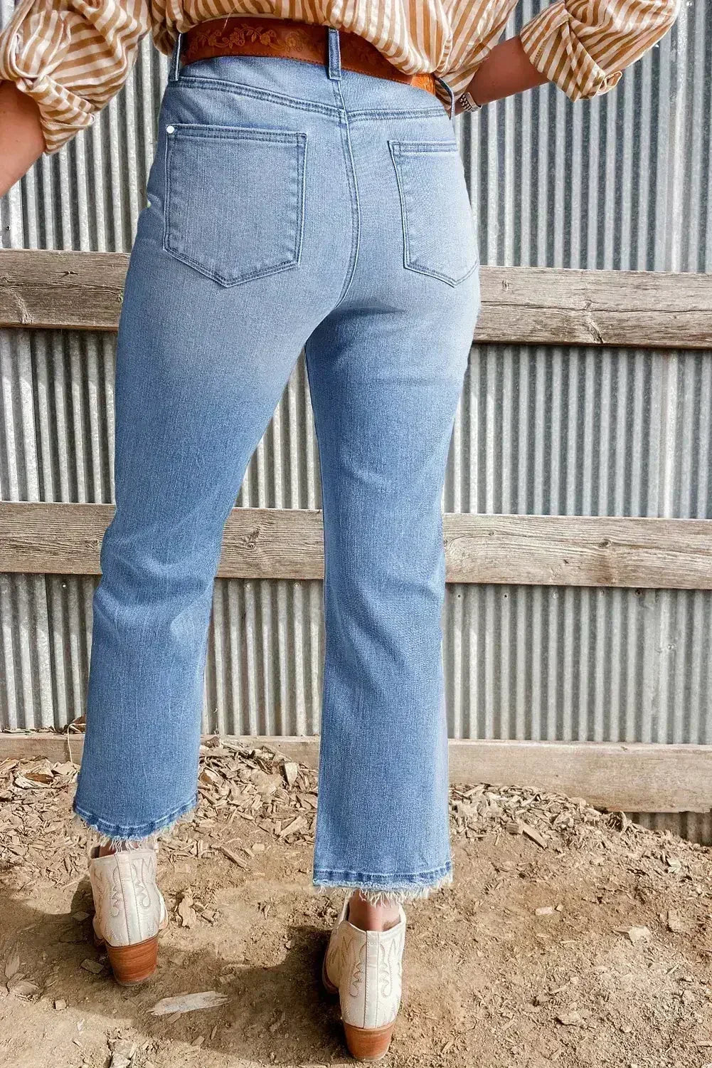 Sail Blue Mineral Wash Raw Hem High Waist Flared Jeans - Femstylo