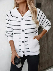 Striped Button Up Long Sleeve Hooded Cardigan - Femstylo