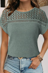 Mist Green Hollow Patchwork Waffle Knit Top