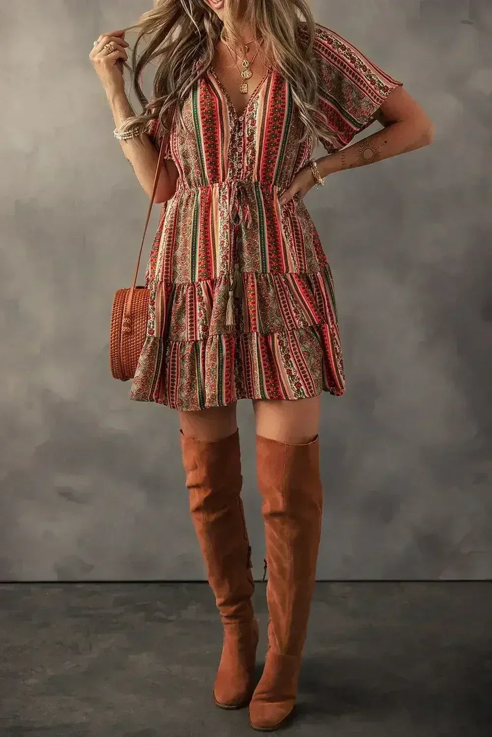 Red Bohemian Floral Print Buttoned V Neck Ruffle Tiered Dress - Femstylo
