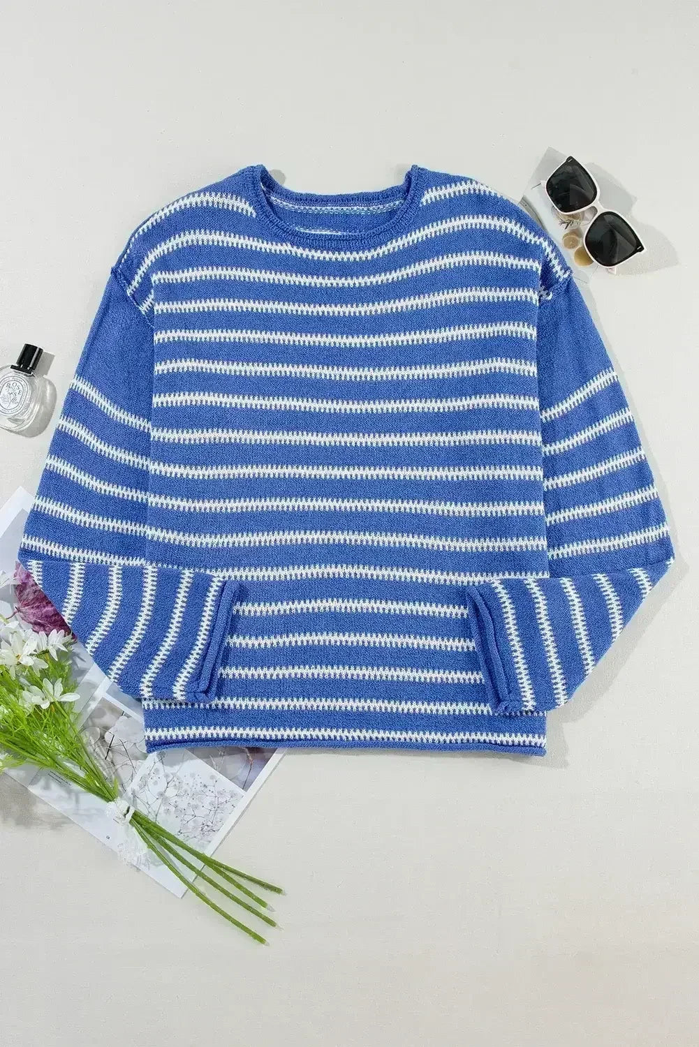Brown Stripe Casual Round Neck Drop Shoulder Sweater - Femstylo