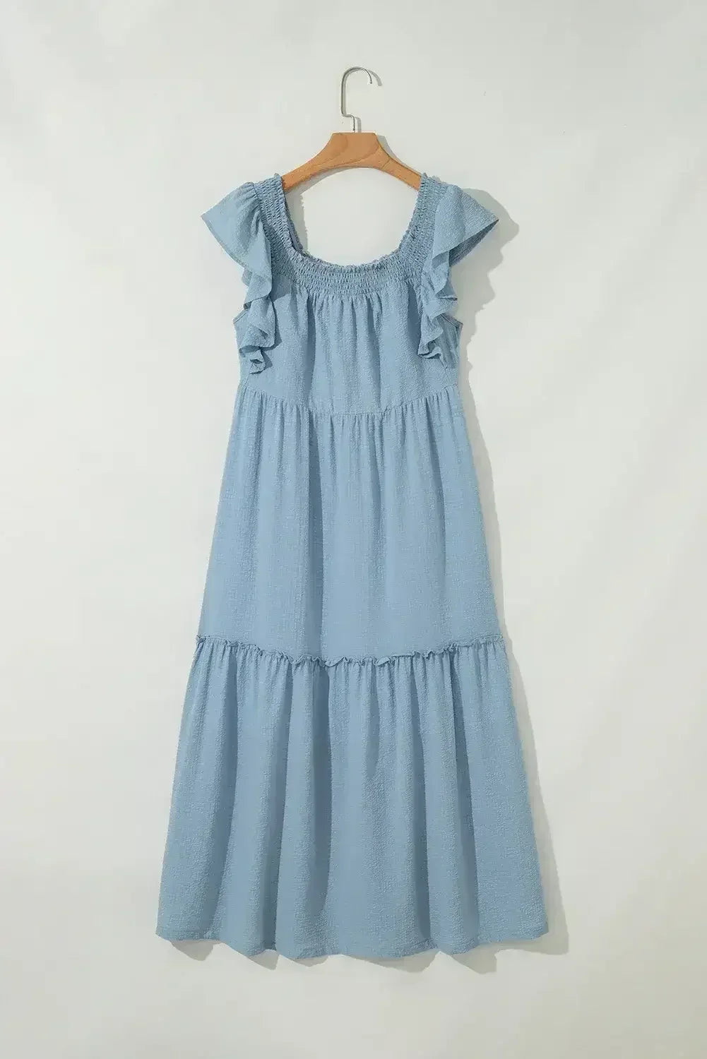 Purple Ruffled Flutter Sleeve Square Neck Textured Tiered Maxi Dress - Femstylo