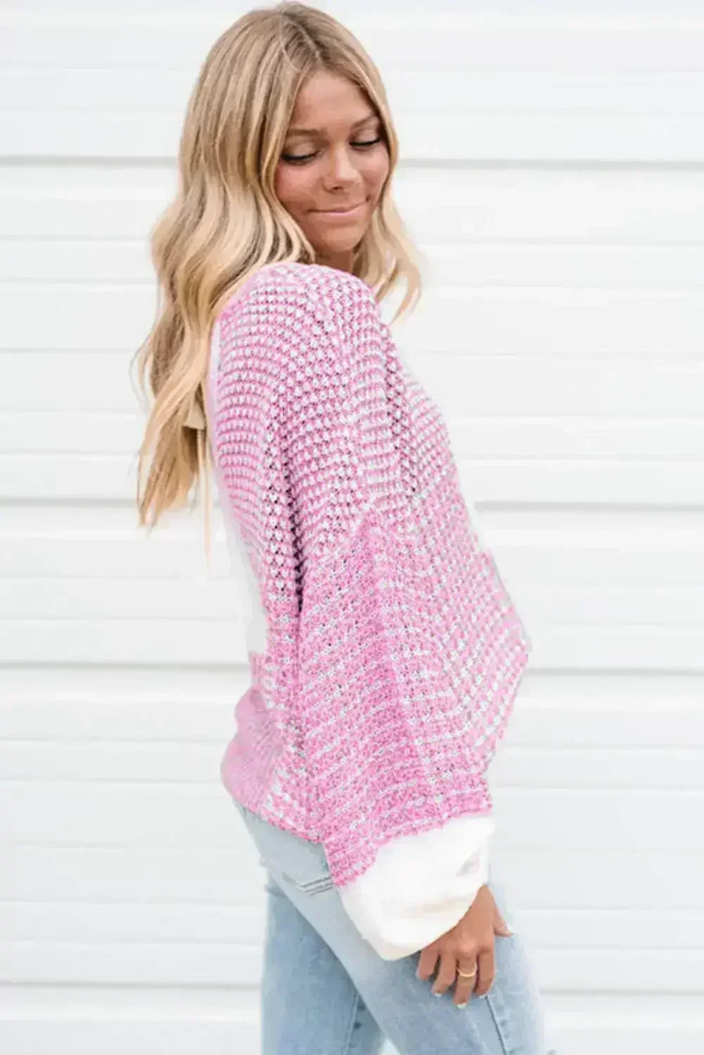 Pink Colorblock Tie Back Drop Shoulder Knit Sweater - Femstylo