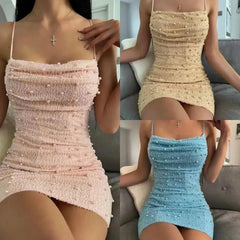 Net Red Same Party Sexy Gorgeous Pearl Suspender Short Dress - Femstylo