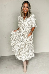 Khaki Floral Puff Sleeve V Neck Buttoned Front Maxi Dress - Femstylo