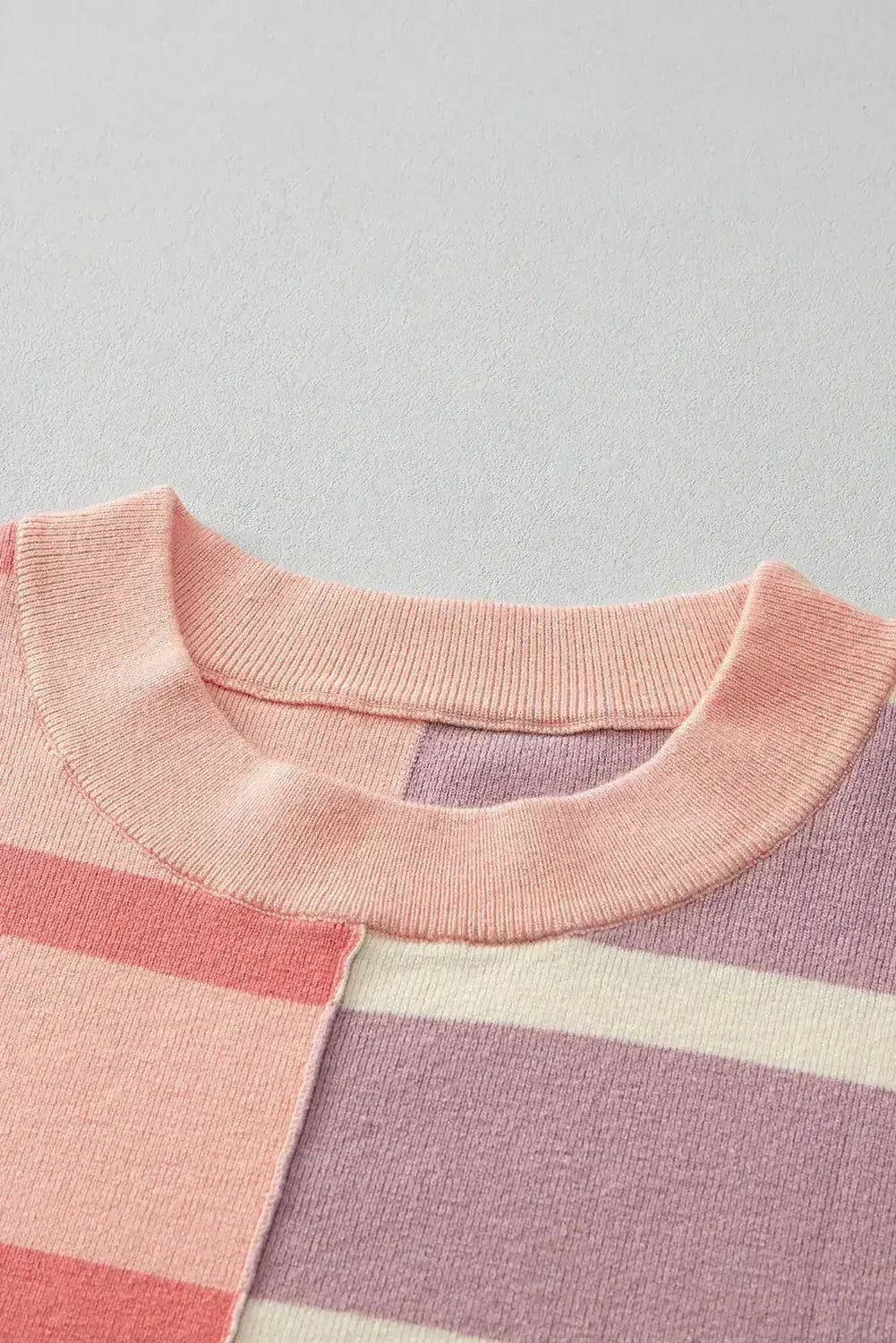 Pink Striped Patchwork Drop Shoulder Sweater - Femstylo