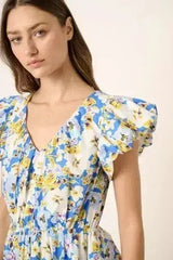 Mittoshop Floral V-Neck Cap Sleeve Mini Dress - Femstylo