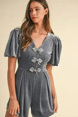 Mable Jewel Bow Decor Puff Sleeve Velvet Romper - Femstylo