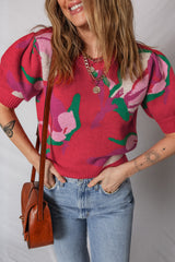 Red Floral Abstract Print Short Puff Sleeve Sweater