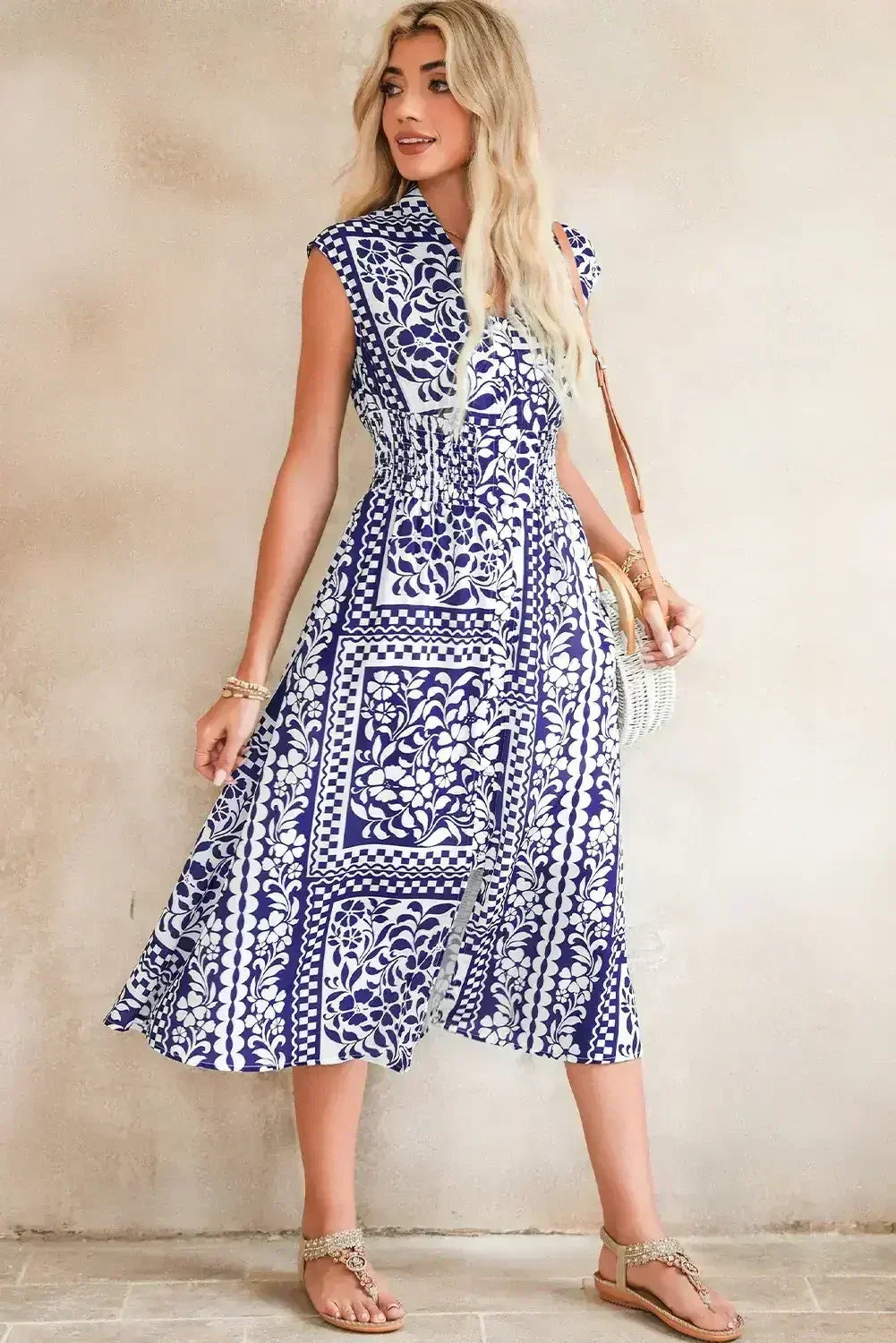 Dirty Blue Floral Print Smocked Waist Sleeveless Dress - Femstylo