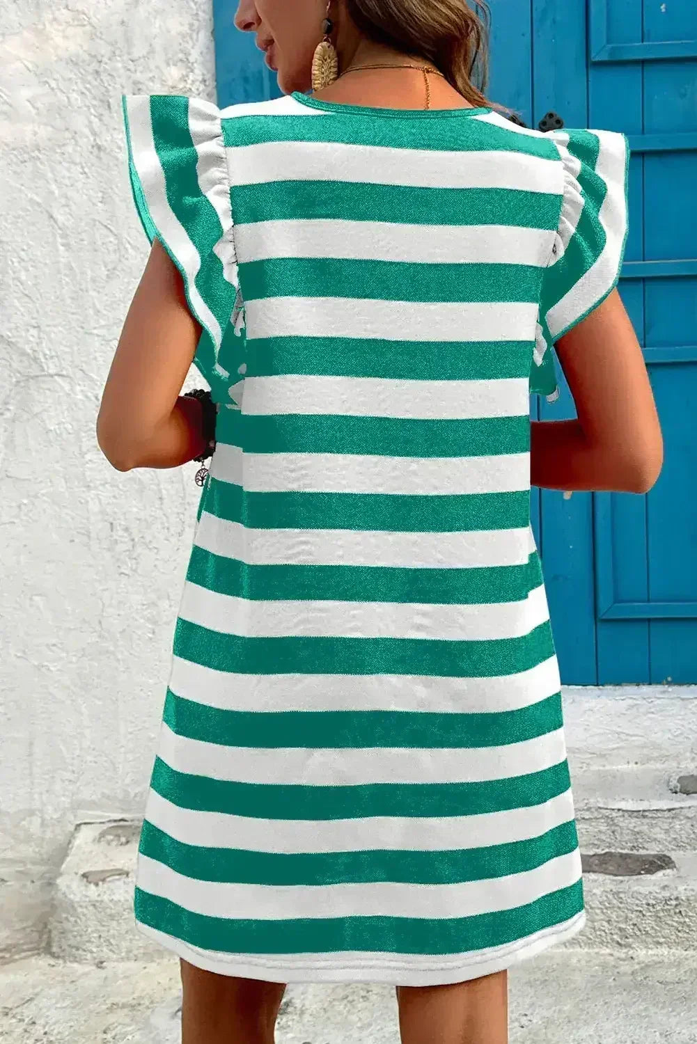 Black Stripe Flutter Sleeve Round Neck Shift Mini Dress - Femstylo