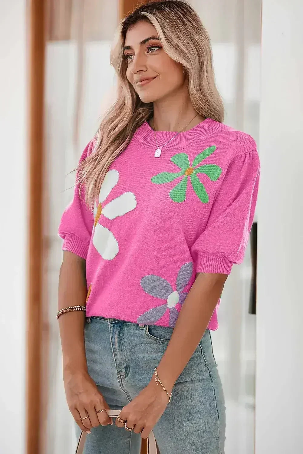 Bright Green 60s Floral Bubble Short Sleeve Knitted Top - Femstylo