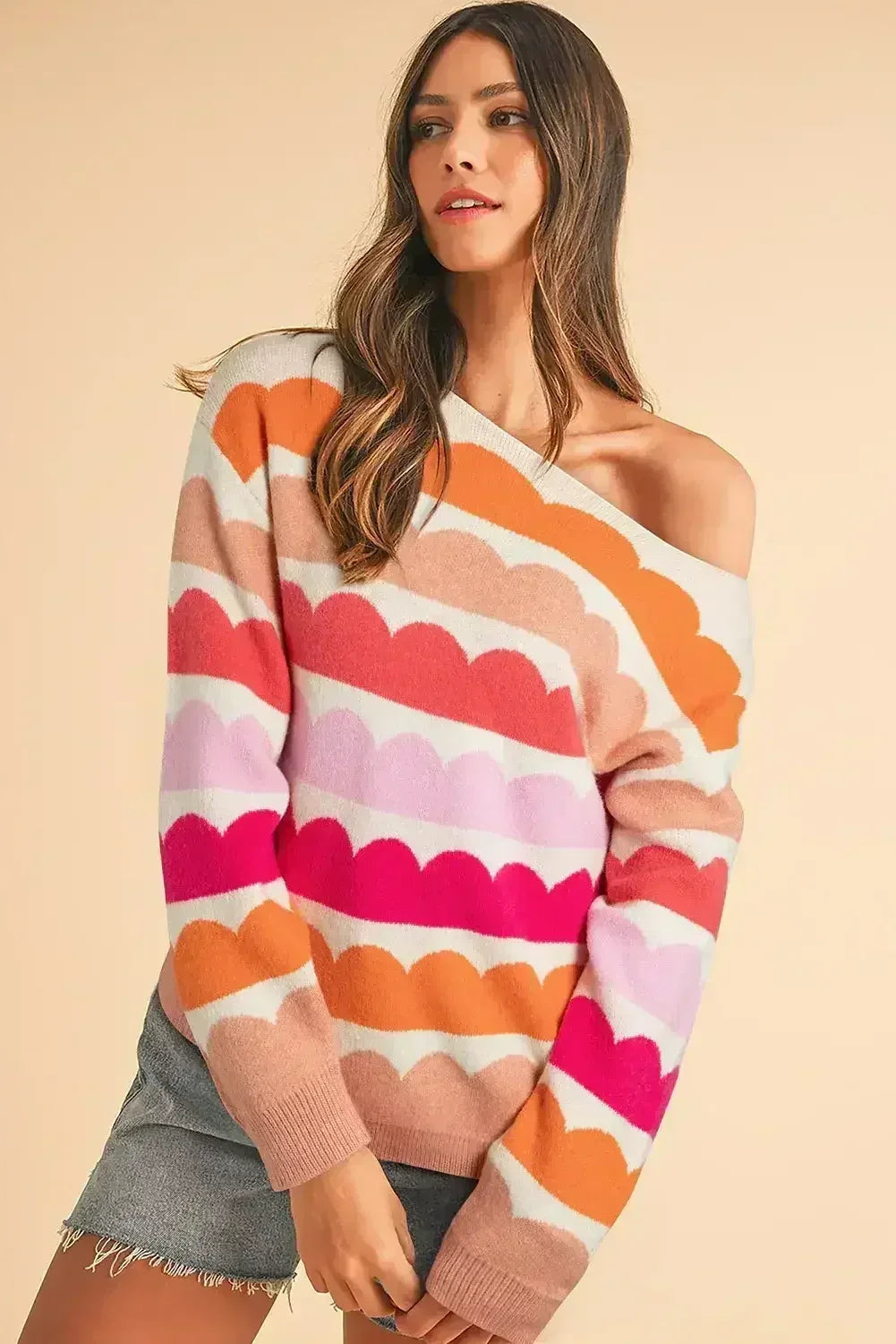 Yellow Wave Striped Balloon Sleeve Drop Shoulder Sweater - Femstylo
