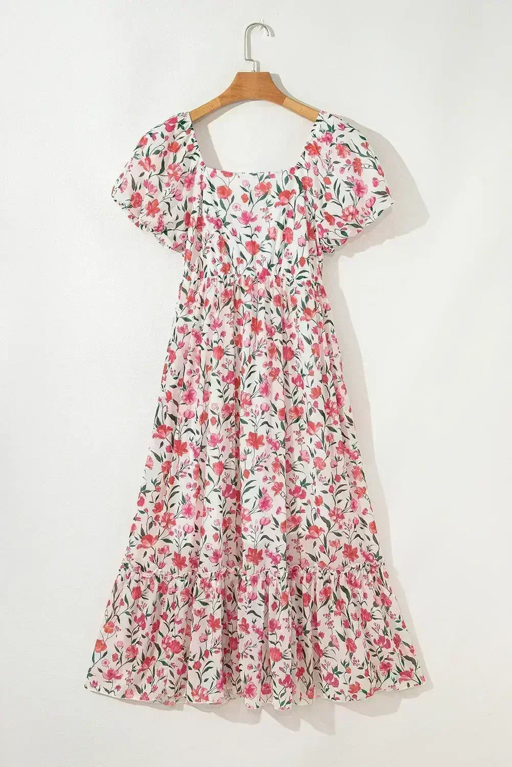 Pink Floral Puff Sleeve Square Neck Empire Waist Tiered Maxi Dress - Femstylo