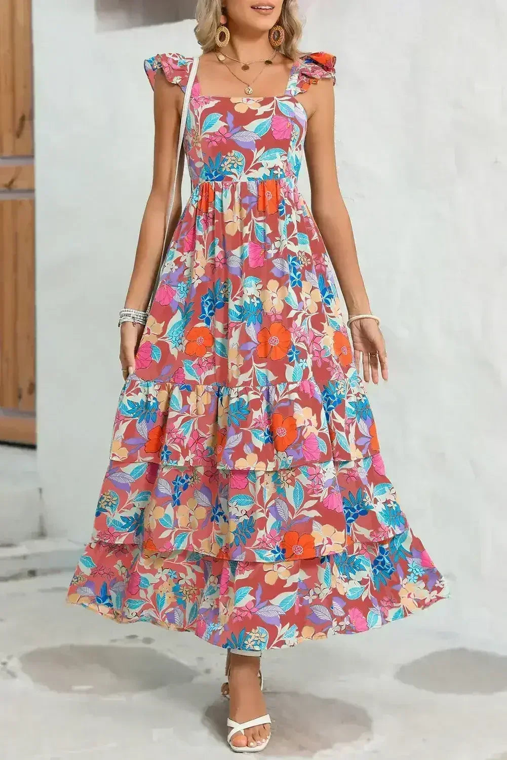 Green Boho Floral Print Ruffle Sleeveless Tiered Maxi Dress - Femstylo