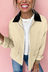 Parchment Contrast Leather Collar Textured Zip Up Jacket