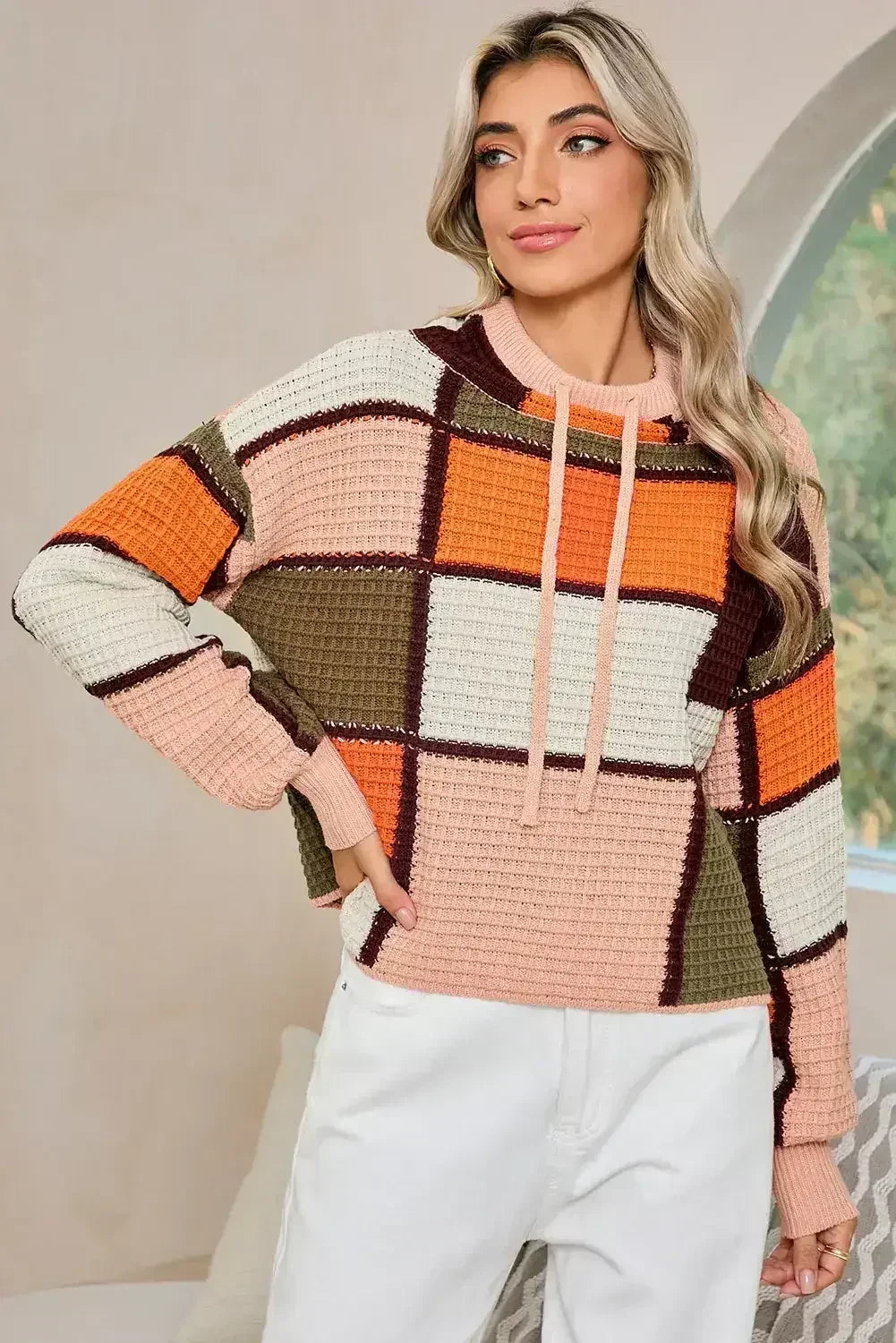 Orange Color Block Waffle Knit Drawstring Mock Neck Sweater - Femstylo