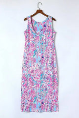 Purple Abstract Print Side Splits Round Neck Sleeveless Maxi Dress - Femstylo