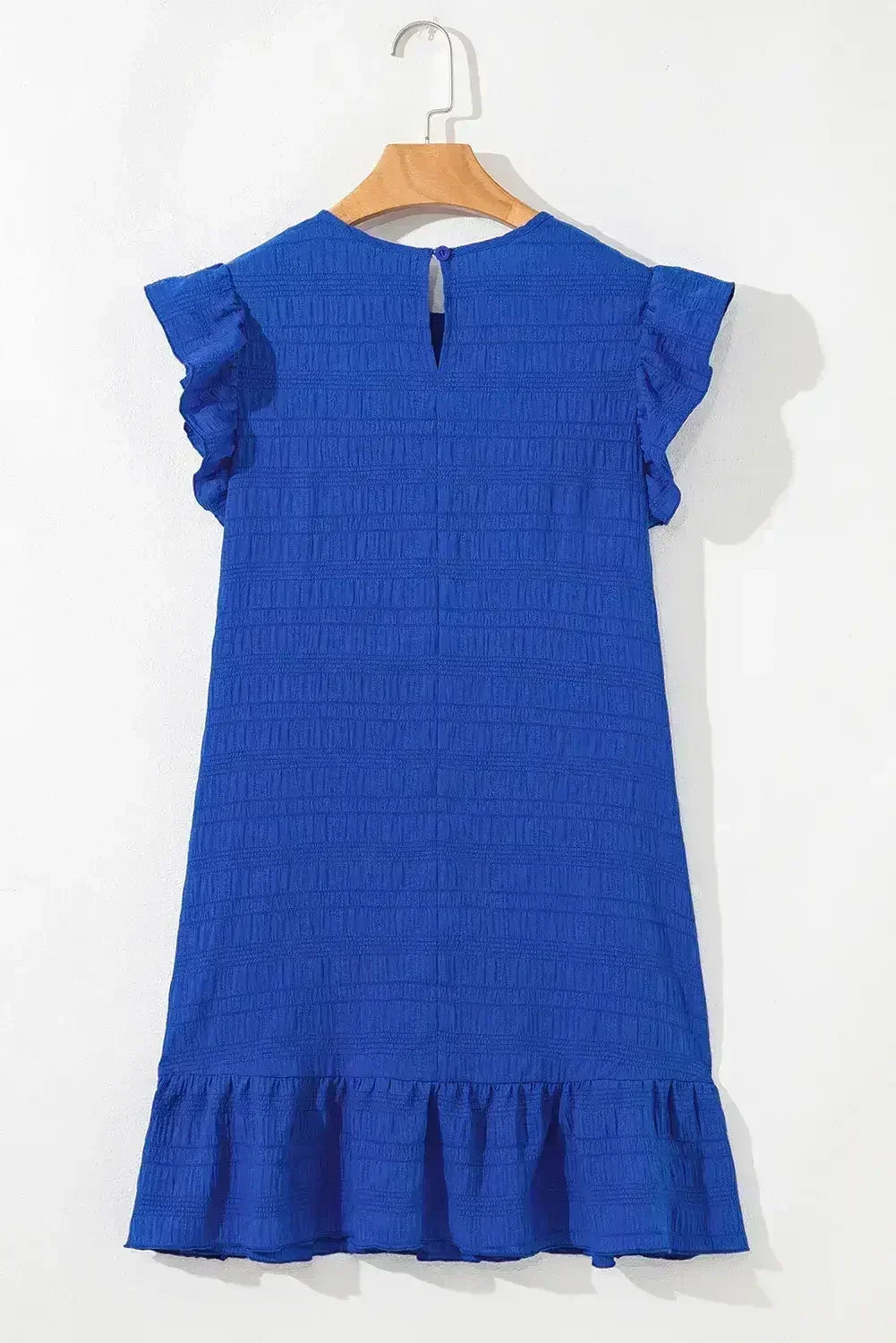Dark Blue Textured Flutter Sleeve Ruffle Mini Dress - Femstylo