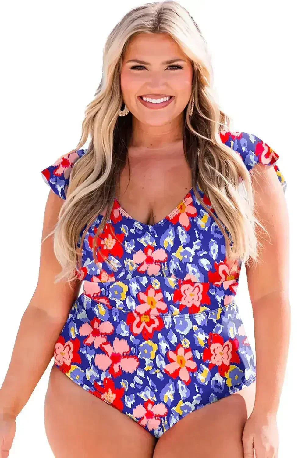 Blue Floral Print Ruffled V Neck High Waist One Piece Swimwear - Femstylo