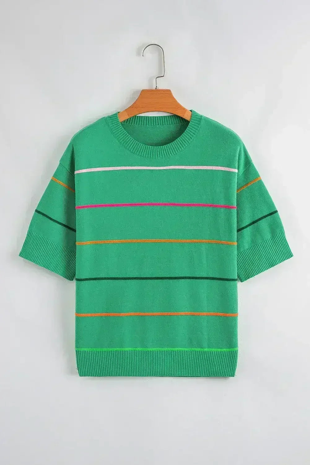 White Striped Half Sleeve Drop Shoulder Sweater - Femstylo