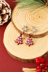 Fiery Red Pearl Embellished Christmas Tree Snowflake Earrings