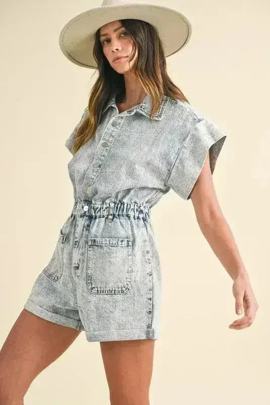 Annie Wear Elastic Waistband Short Sleeve Denim Romper - Femstylo
