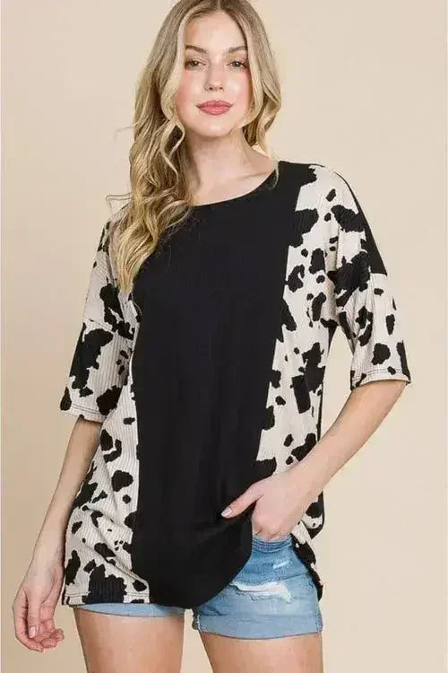 Animal Contrast Ribbed Tee - Edgy Women's Top | Femstylo - Femstylo