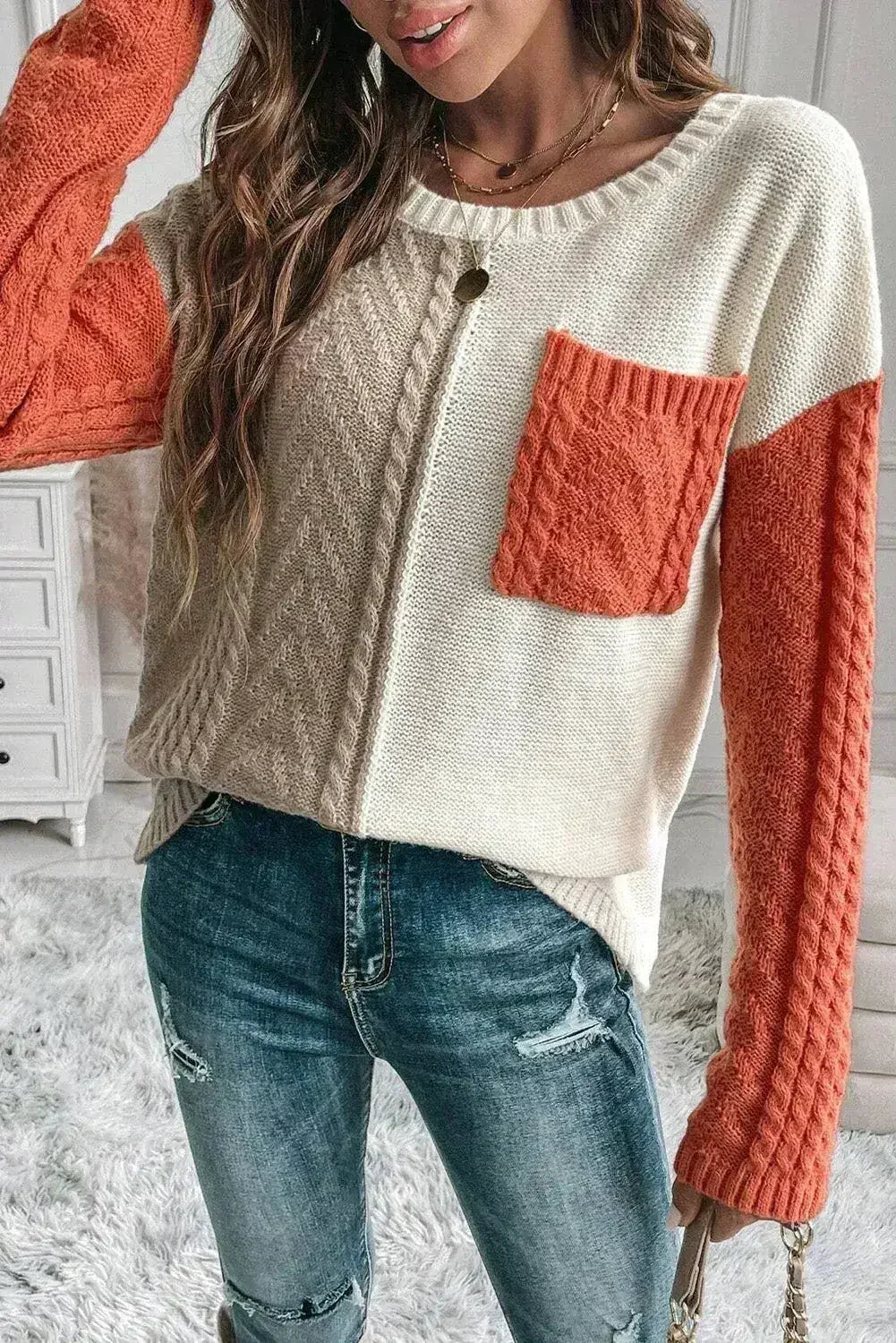 Color Block Round Neck Long Sleeve Sweater - Femstylo