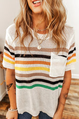 White Colorful Striped Pocket Loose Fit Knitted T Shirt