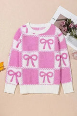 Pink Bow Knot Two Tone Checkered Crew Neck Sweater - Femstylo