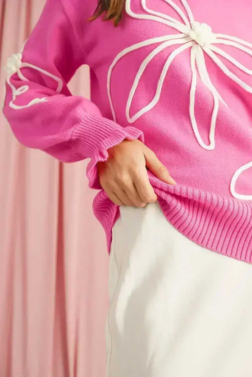 Bright Pink Sweet Bow Pattern Drop Sleeve Knit Sweater - Femstylo
