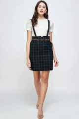Plaid Suspender Skirt with Belt Detail - Femstylo