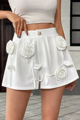 White 3D Flower Applique High Waist Shorts