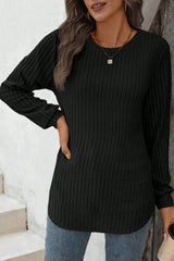 Black Ribbed Texture Round Neck Long Sleeve Rounded Hem Top