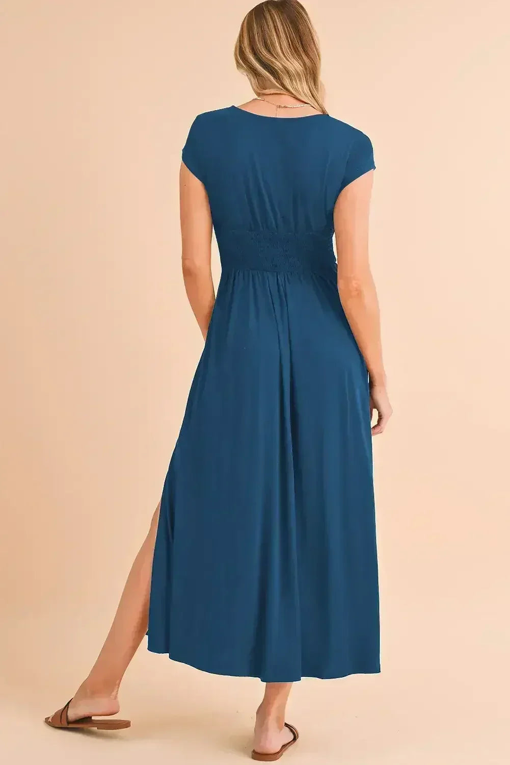Black Deep V Neck Ruched High Waist Midi Dress - Femstylo