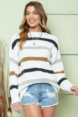 Multicolor Stripes Print Popcorn Drop Shoulder Pullover Sweater - Femstylo