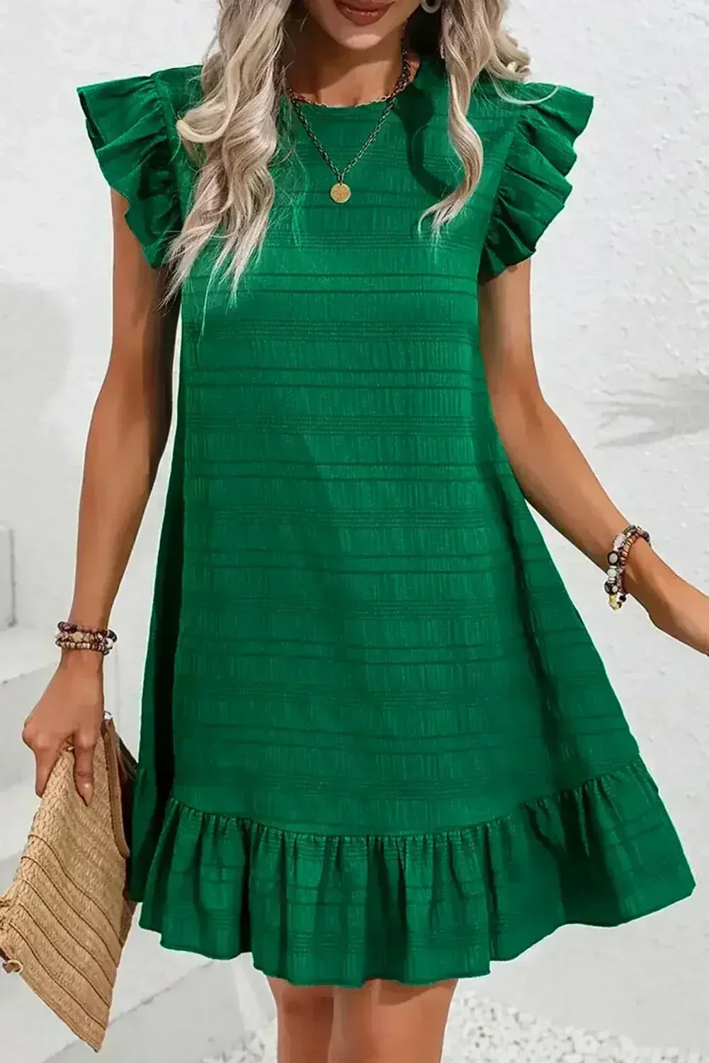 Dark Blue Textured Flutter Sleeve Ruffle Mini Dress - Femstylo