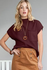 Mineral Red Patch Pocket Ribbed Knit Short Sleeve Sweater - Femstylo